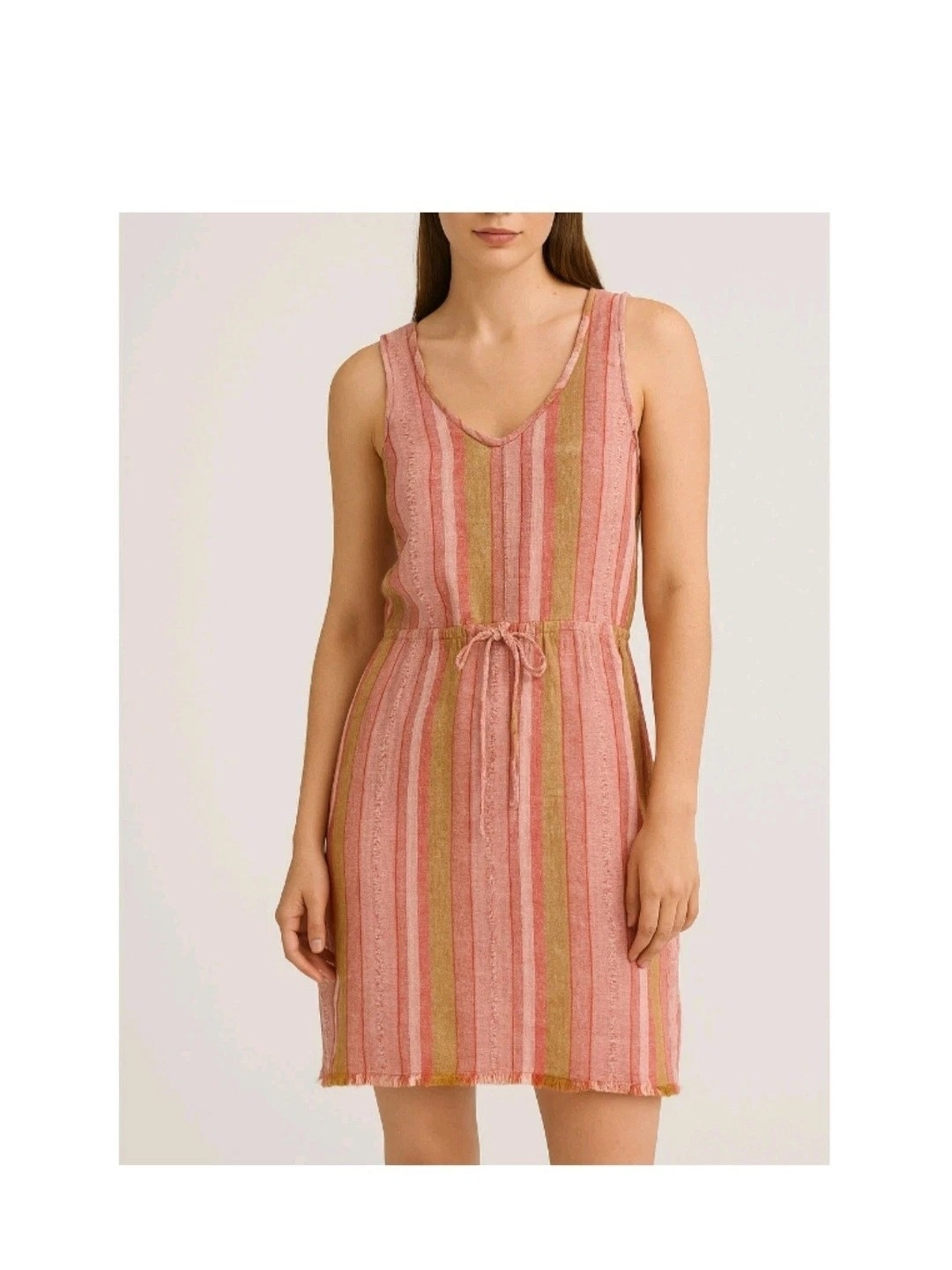 Drew Anthropologie Red Nat Dobby Stripe Dress Sz Small Linen Blend V-Neck Boho